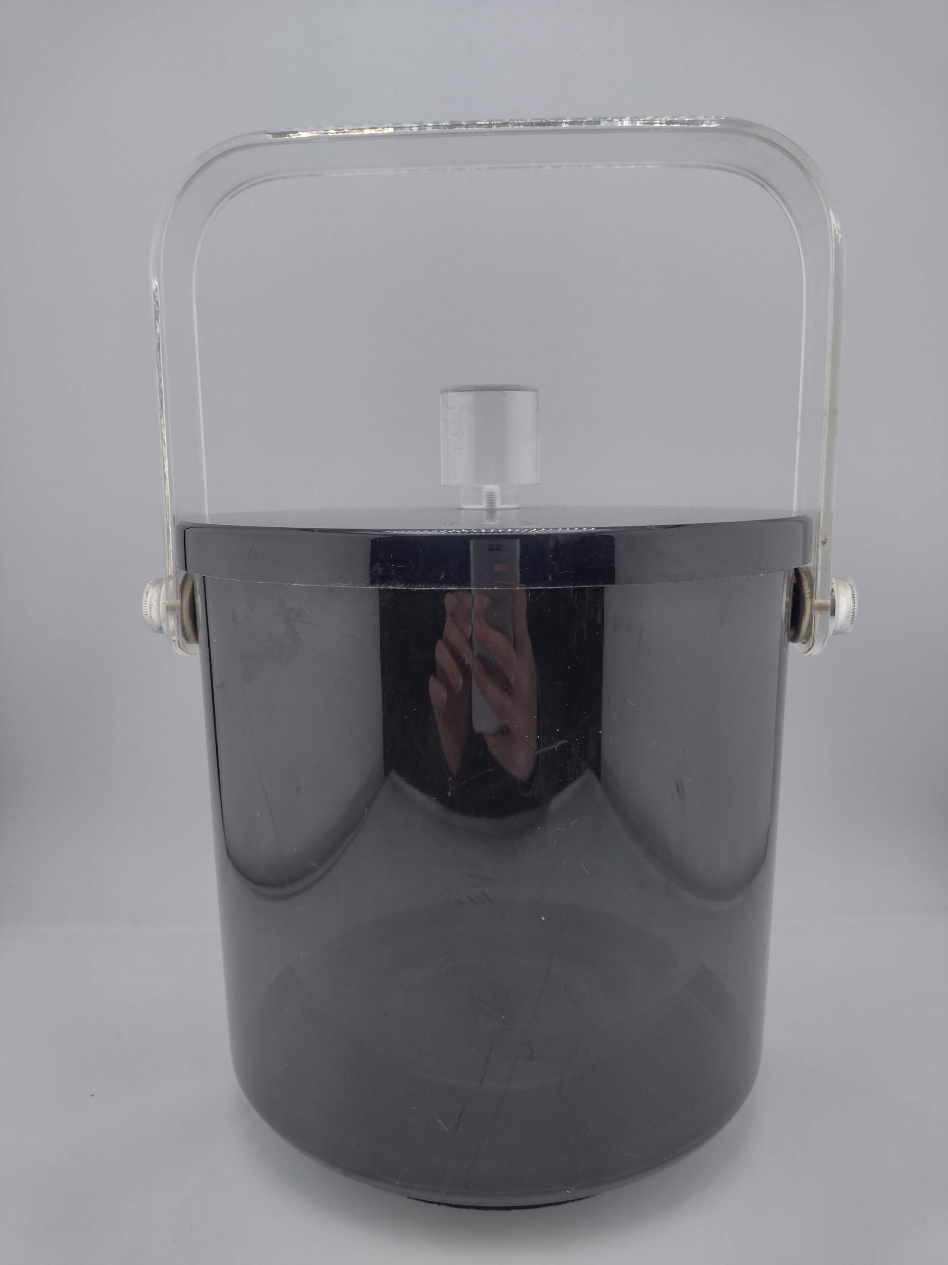 MCM 3 PC LUCITE/BLACK ICE BUCKET W TONGS