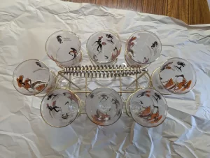 8 Orange and Gold Libbey Calypso Pilsner Glasses with a Wire Rack