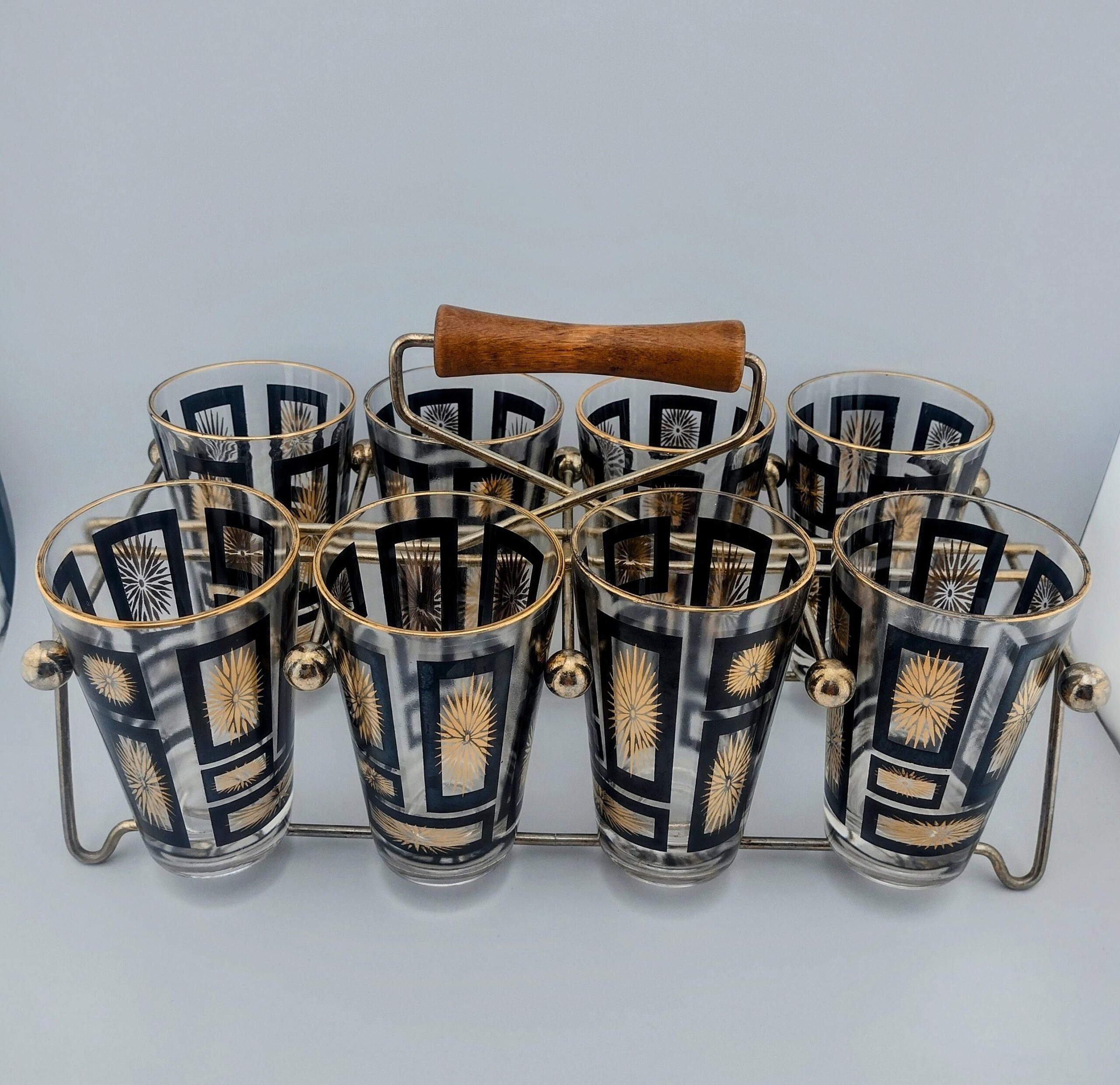 Black & Gold Geometric Starburst Tumblers, Set of 8 with Rack