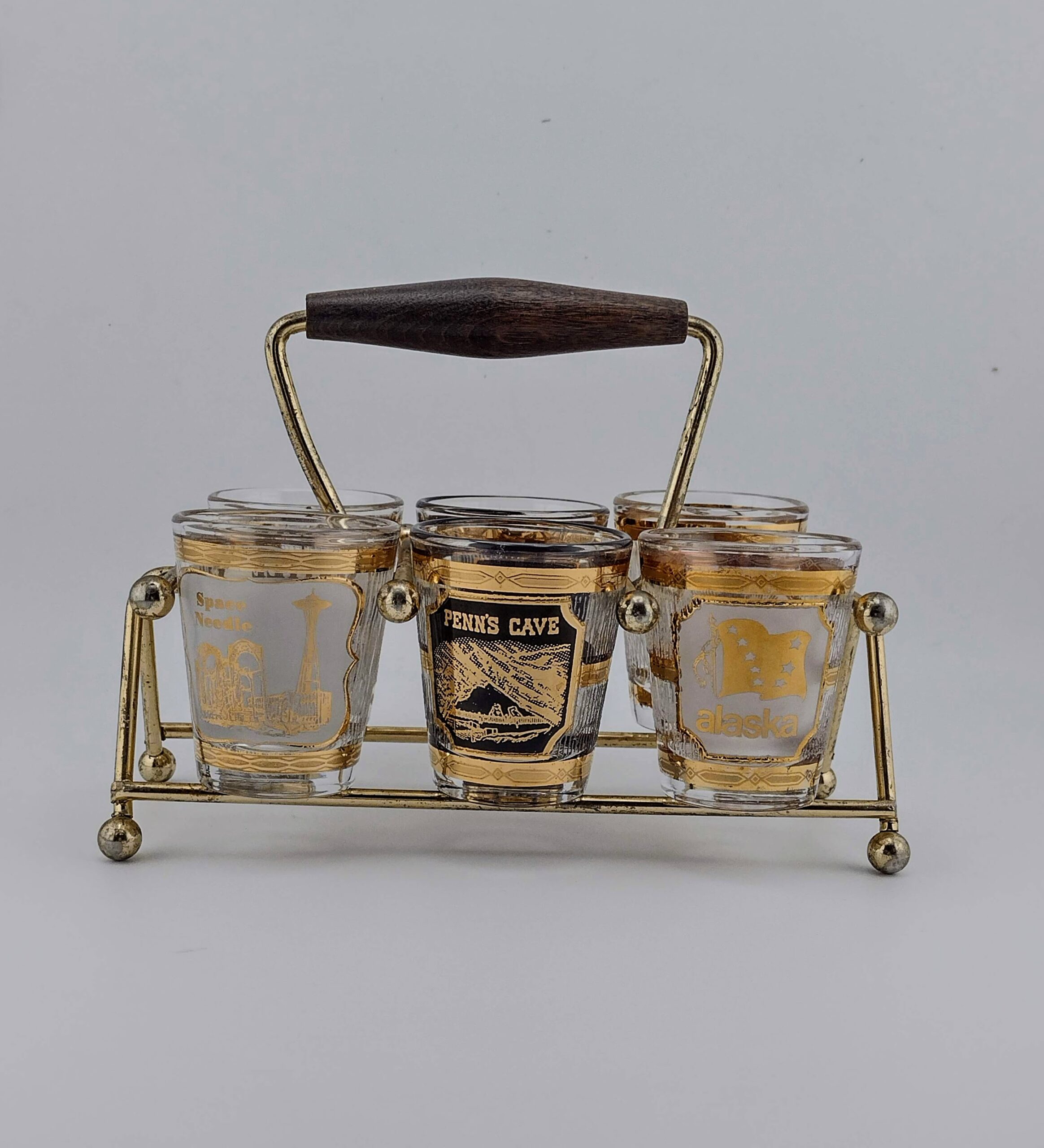 Vintage MCM Souvenir Shot Glasses, Set of 6 with Rack