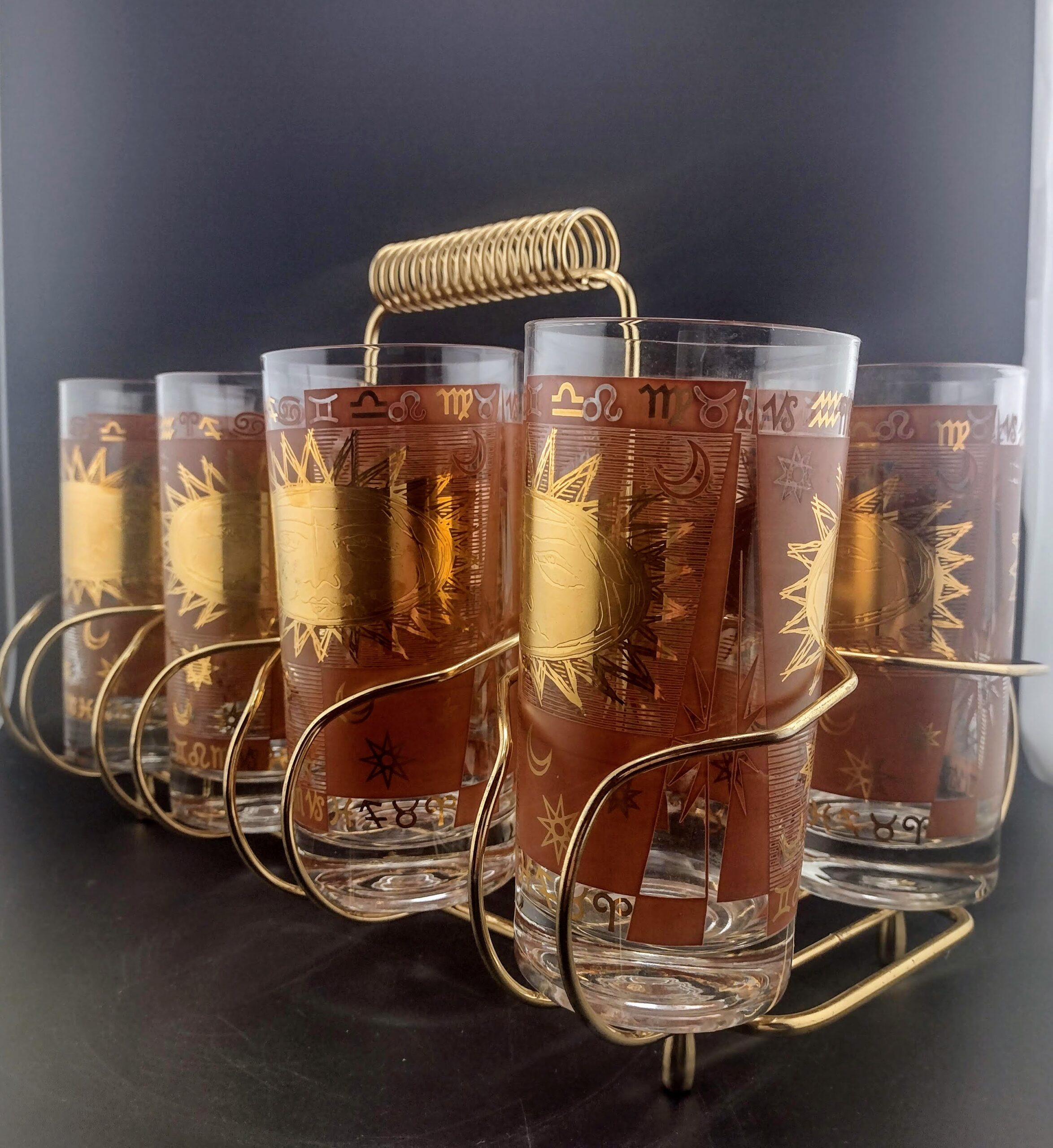 Sun & Zodiac High Ball Glasses, Set of 8 with Rack