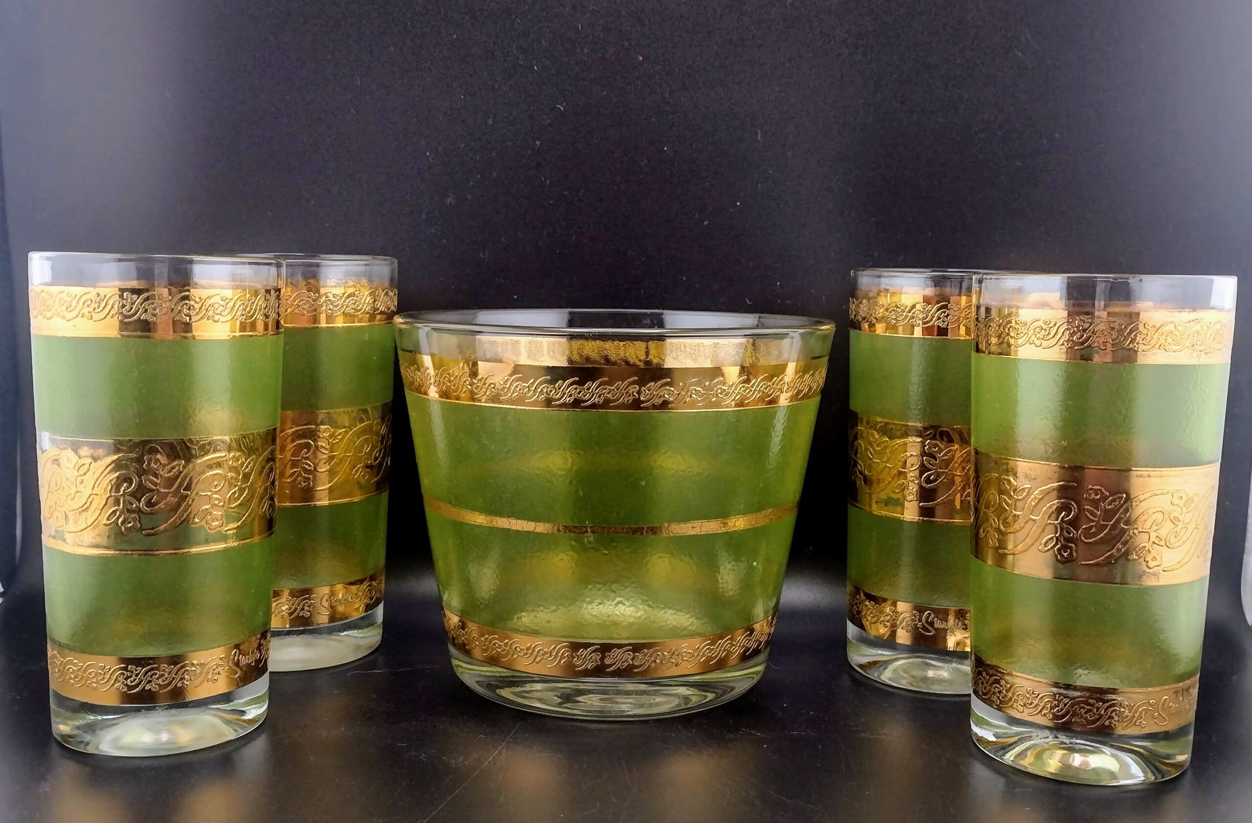 Starlyte Green & Gold High Ball Glasses, Set of 4 with Ice Bucket