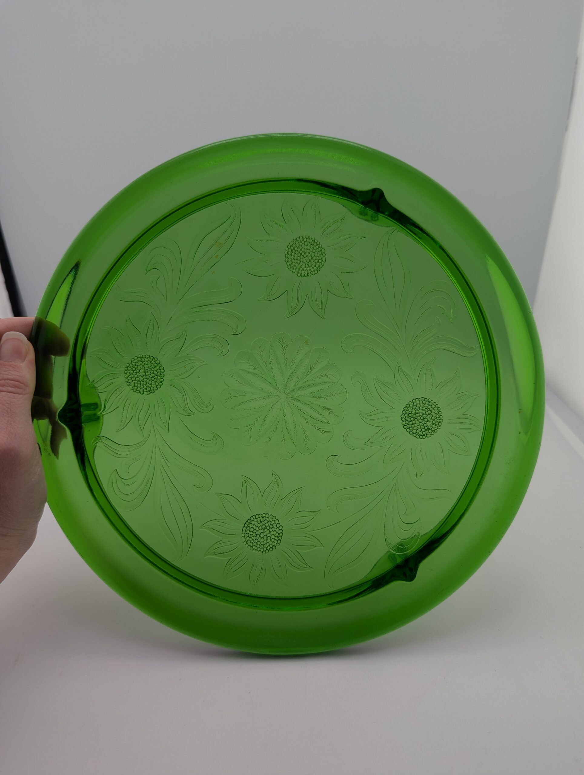 Jeanette Sunflower Green Glass Cake Plate 10