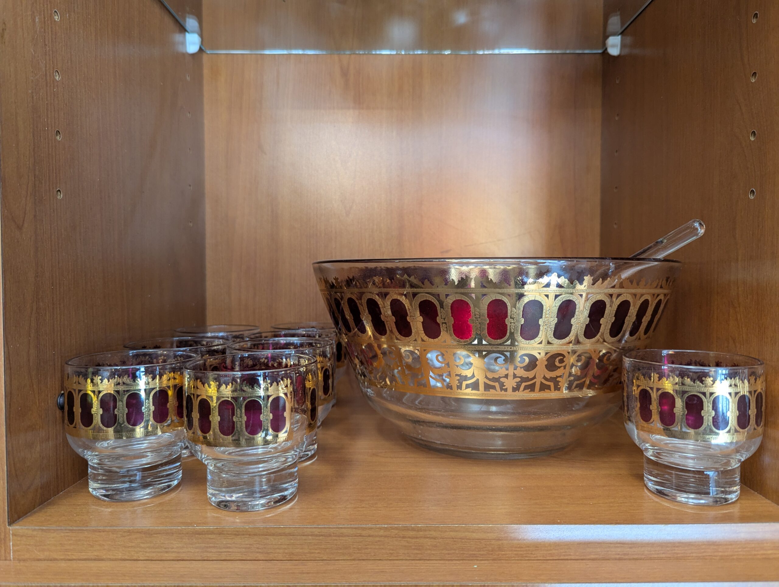 Cranberry and Gold Punch Bowl set With 8 Glasses