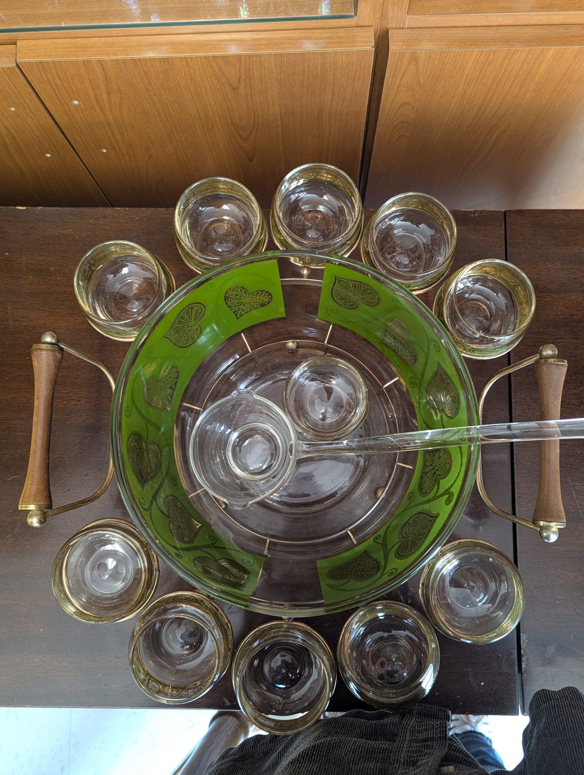 Culver Green Gold Punch Bowl with 11 Glasses and Holding Rack