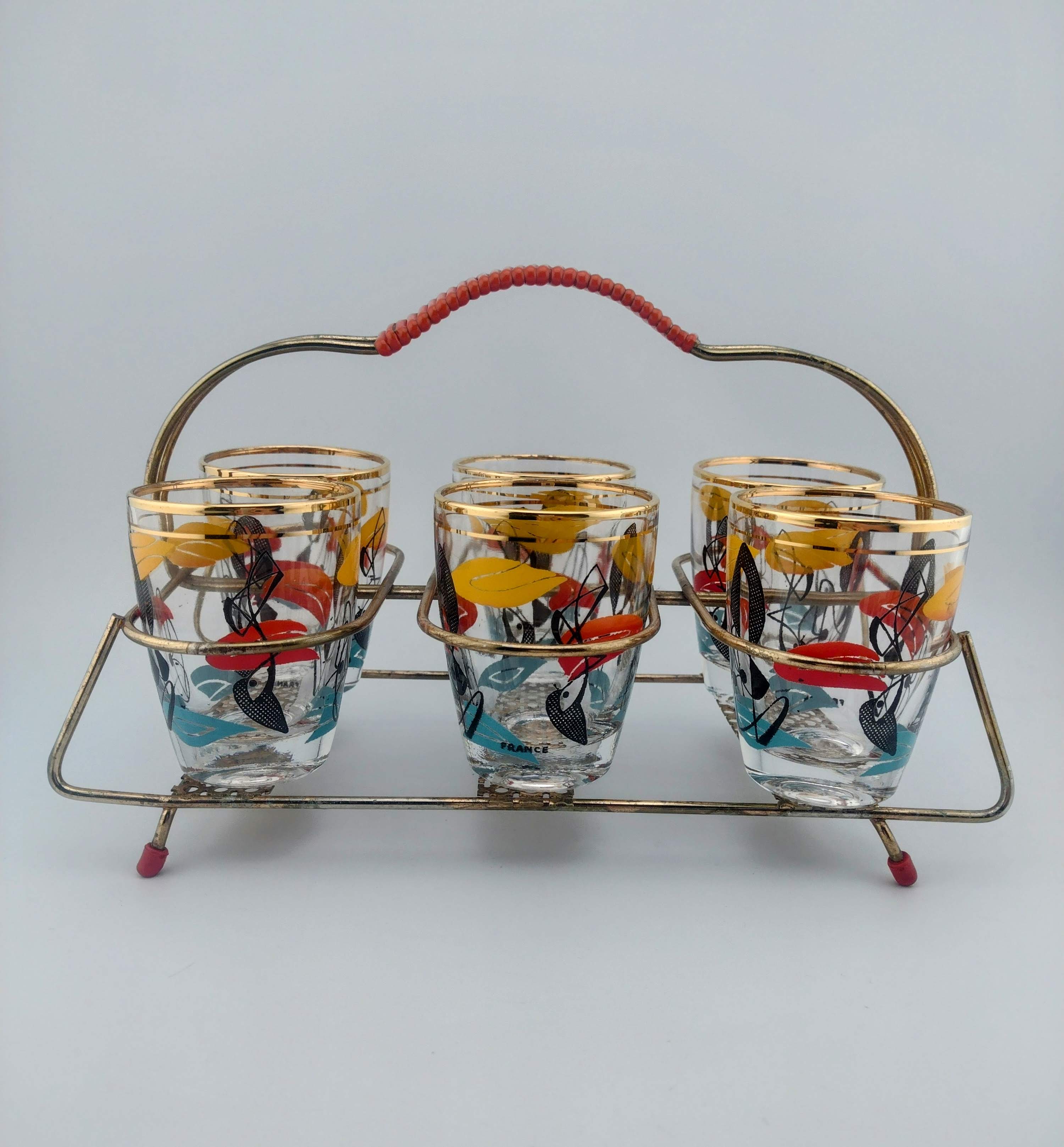 Vintage 50's French Enameled Shot Glass, Set of 6 with Rack