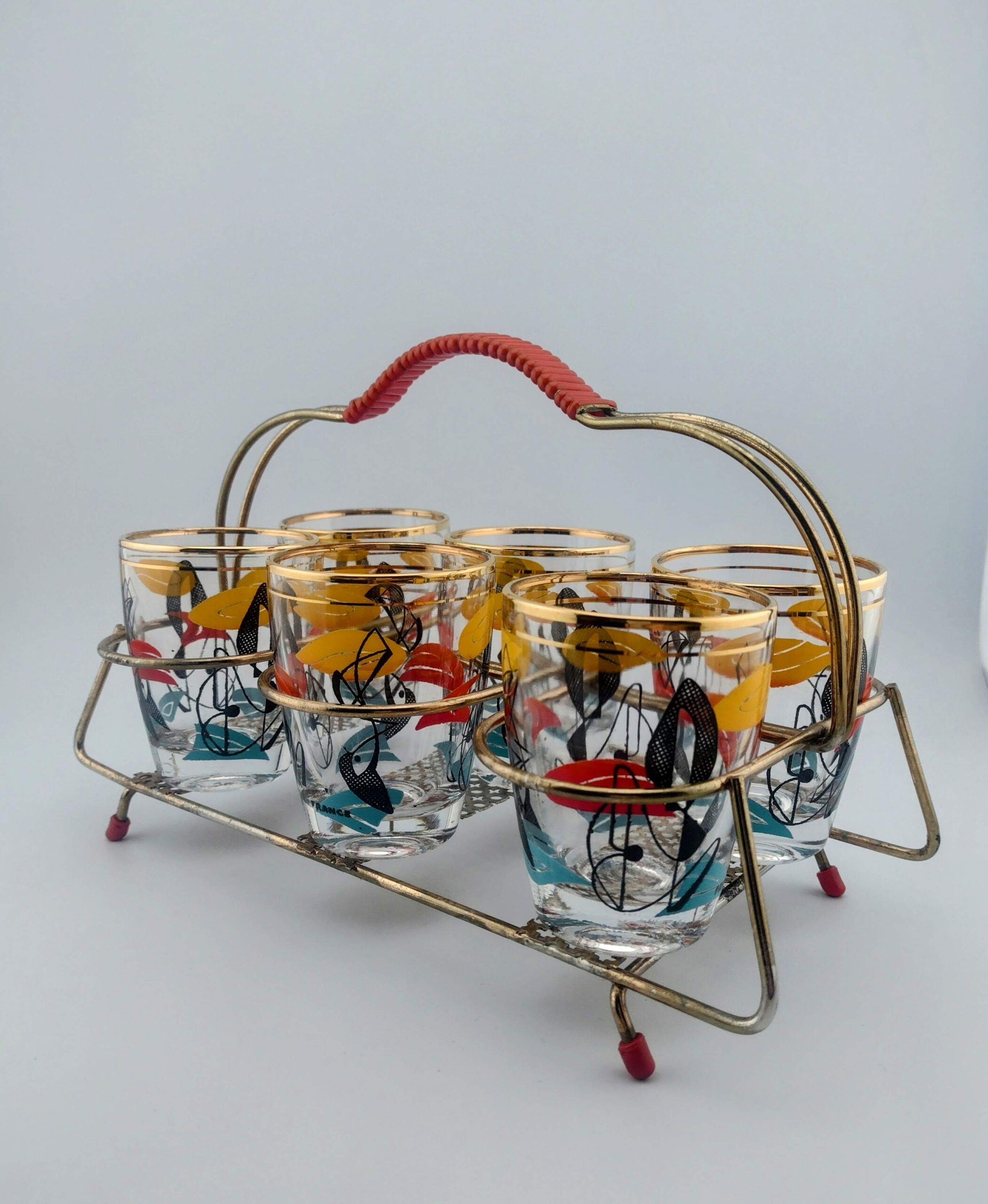 Vintage 50's French Enameled Shot Glass, Set of 6 with Rack