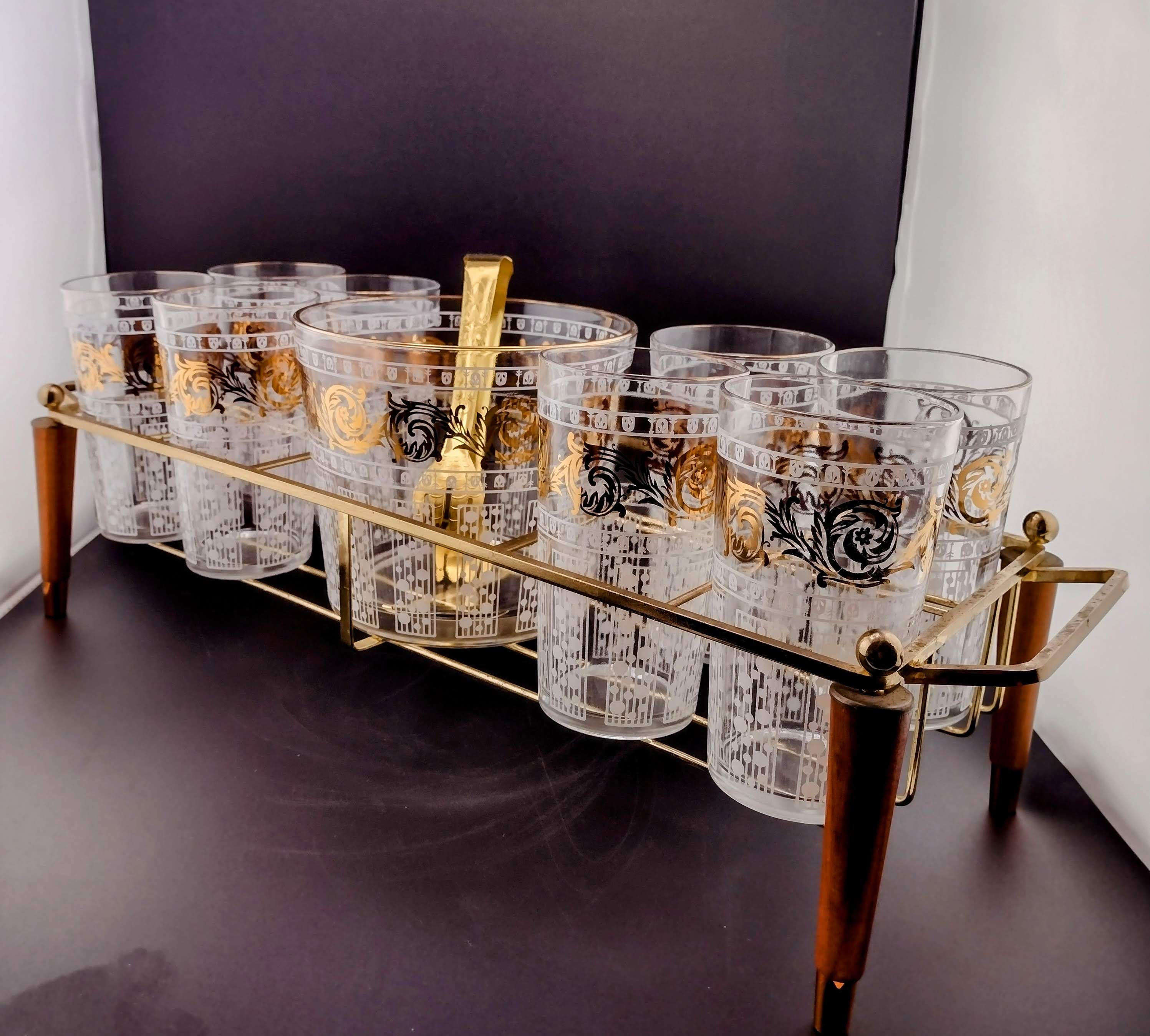 White & Gold High Ball Glasses, Set of 8 with Ice Bucket, Tongs and Rack